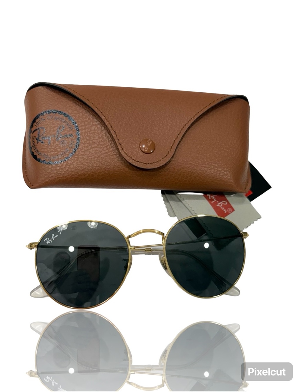 Ray-Ban Gold Frame Sunglasses with Green Lenses and Brown Case